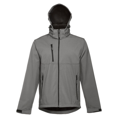 THC ZAGREB. Men's softshell jacket with detachable hood and rounded back hem