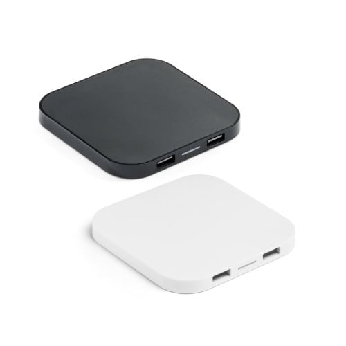 CAROLINE. Superfast 15W wireless charger with HUB 2 USB-A ports in recycled ABS (100% rABS)